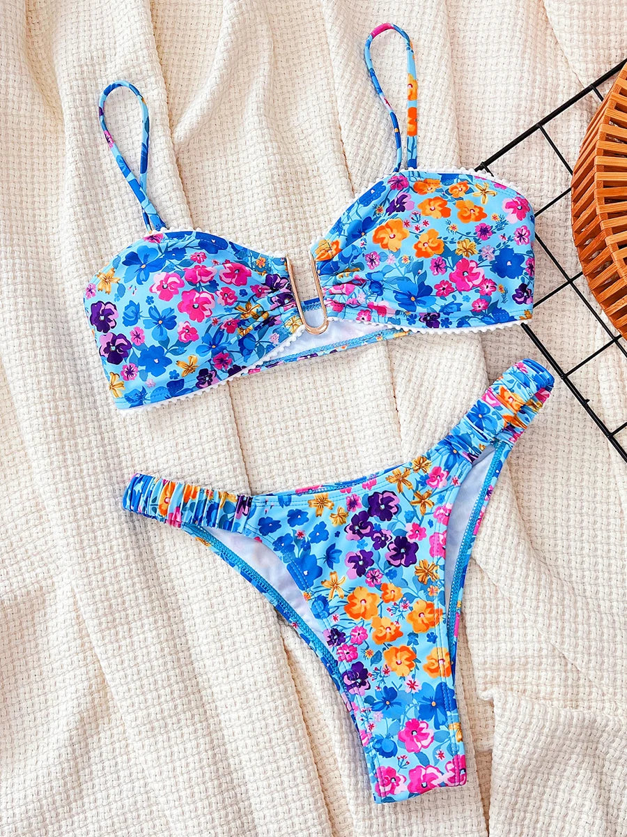 Flowers Printed U Neck Bikini Female Swimsuit Women Swimwear Two-pieces Bikini Set High Cut Bather Bathing Suit Swim Beach Wear