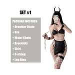 Women Sexy Lingerie Set PU Leather Dress Imitation Split Backless Gold Chain Bandage Bra Side-leaking Skirt Cosplay Costume