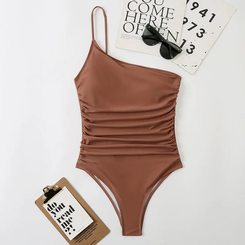 2026 Sexy One Shoulder One Piece Swimsuit 2022 Women Solid Black Neon Green Push Up Padded Bathing Suit Pleate Swimwear Monokini