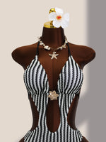 Vintage Black Striped One Piece Swimwear Women 2026 3D Metal Flower Hollow Out Backless Beach Holiday Bathing Suit Swimsuit