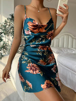 Summer Ice Silk Stain Nightgowns Women's Slip Dress Sexy Sleepwear Floral Print Pajamas Open Back Split Nightdress Pajamas