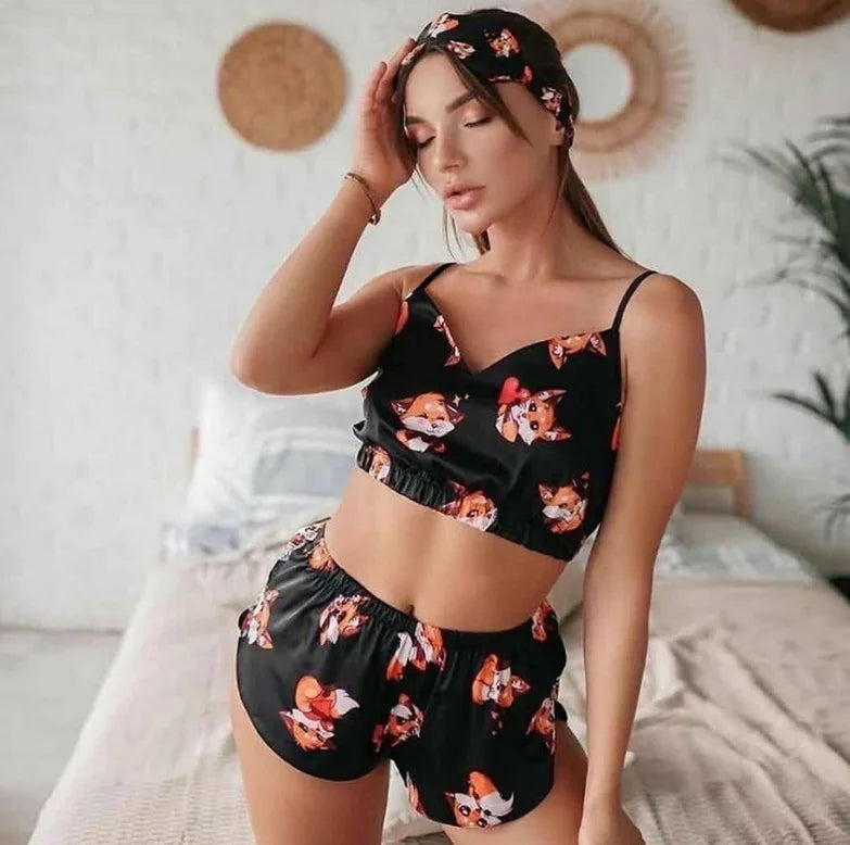 Women's Printed Satin Camisole & Lace Trim Shorts Set – Sexy Loungewear | European & American Bestseller