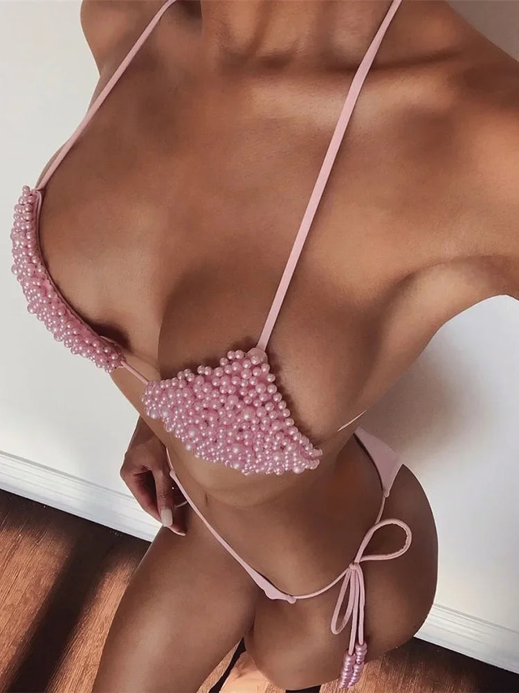 S - XL Halter Luxury Pearl Bikini Female Swimsuit Women Swimwear Two-pieces Bikini set Mini Micro Bather Bathing Suit Swim Lady