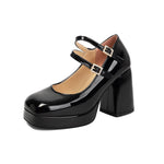 Women Silver Metallic Platform Mary Jane Shoes Double Rhinestone Buckle Chunky Block High Heels Y2K Vintage Square Toe Pumps