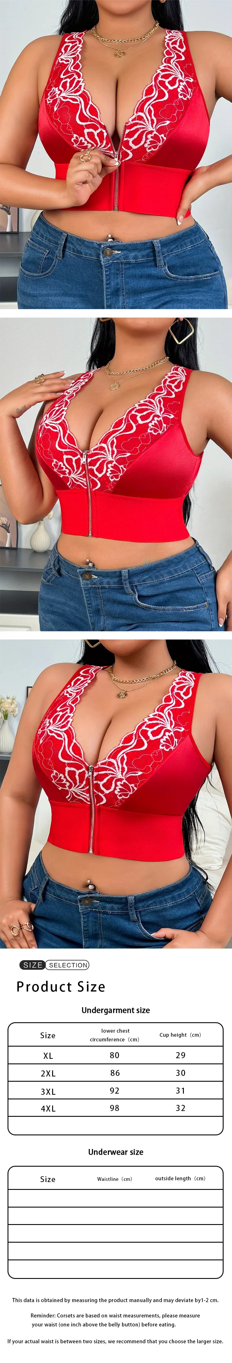 Plus Size Sexy Lingerie Set, Embroidered Front Zipper Plunge Bra, Wireless Push-up Support Bra