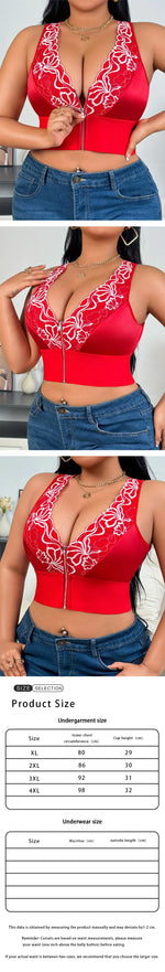 Plus Size Sexy Lingerie Set, Embroidered Front Zipper Plunge Bra, Wireless Push-up Support Bra
