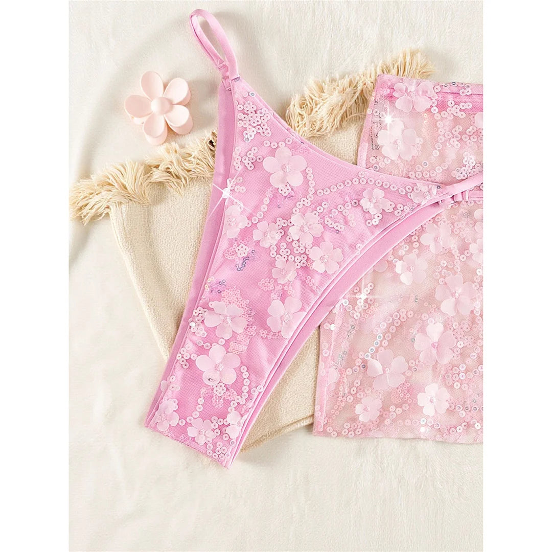 S - XL Three-pieces Bikini set With Skirt Flowers Sequins Bikini Female Swimsuit Women Swimwear Bather Bathing Suit Swim V7864