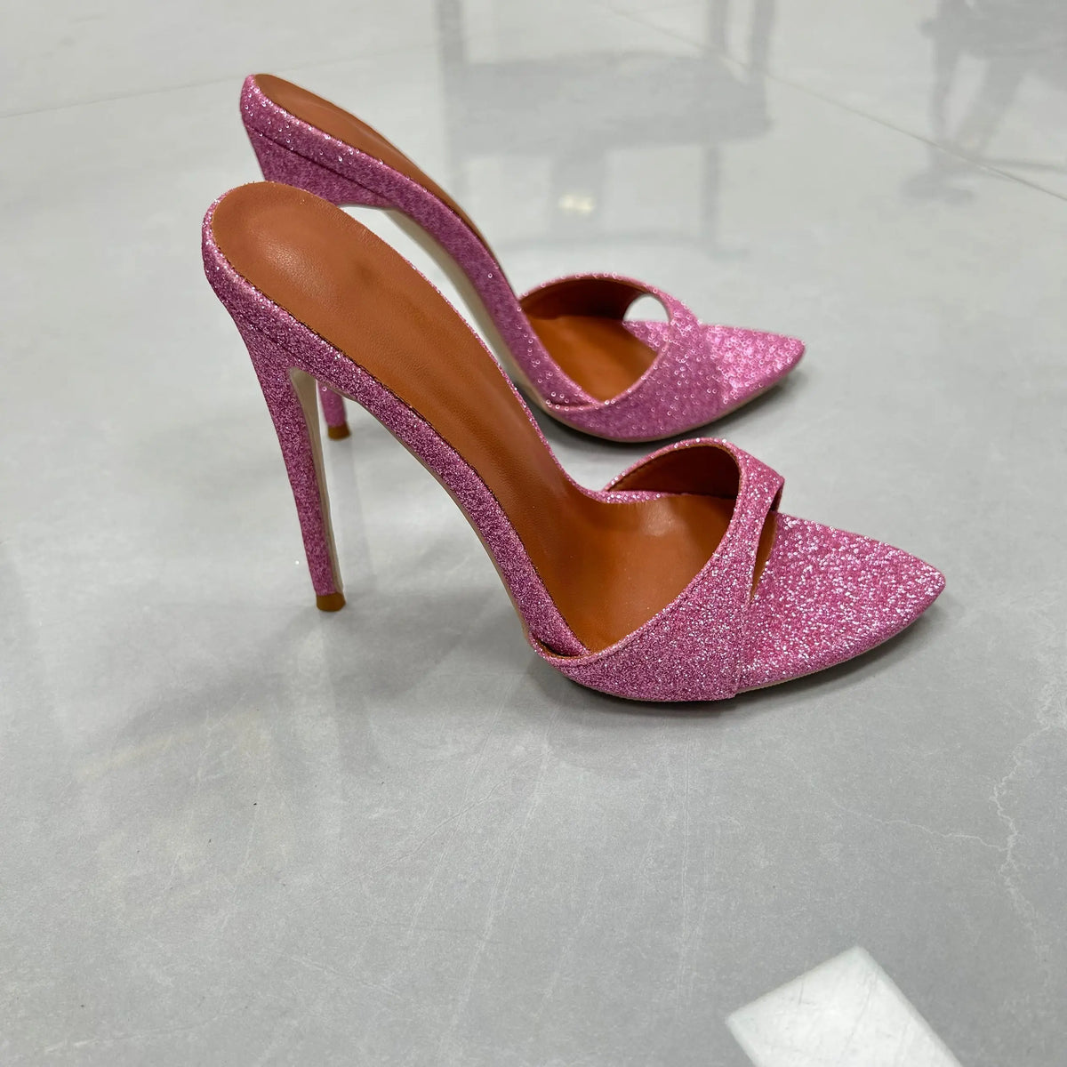 Open Pointy Glitter Mules With High Heels Women Holiday Summer Crocodile Leather Shoes Lady Multicolor Party Casual Slippers