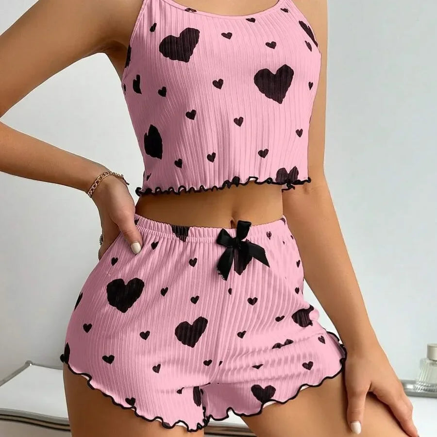 2 Pieces Set Women'S Pajama Shorts Suit Homewear Print Underwear Pijama Sexy Lingerie Camisoles Tanks Nighty Sleepwear