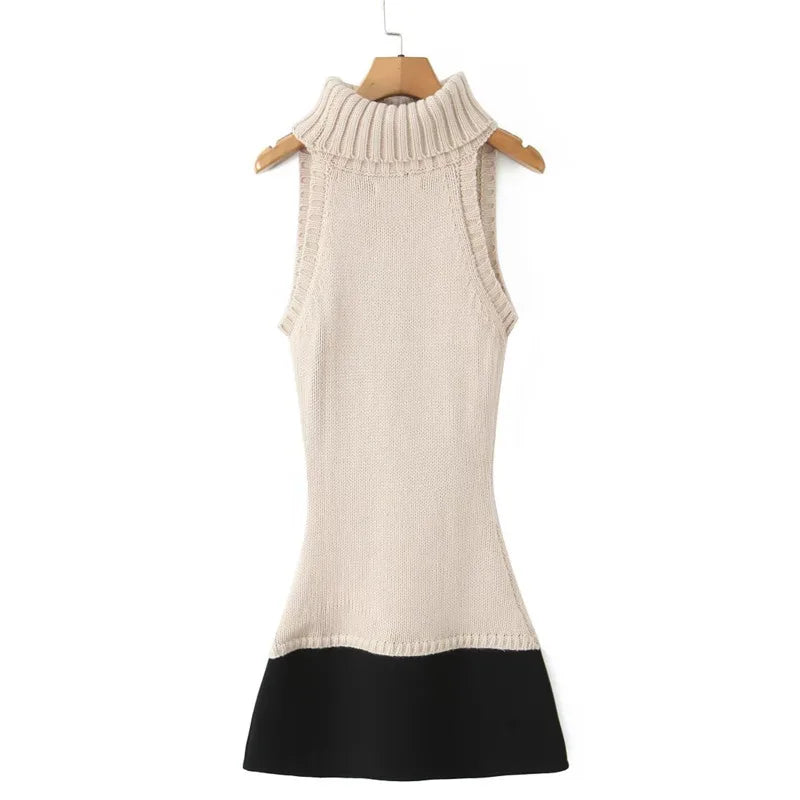 Women's Fashion Patchwork Knitted Dress Knit Sleeveless Dress Bodycon Fit With Contrast Black Hem Cozy Winter Mini Dress CR01