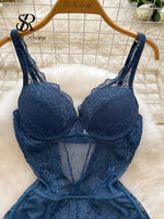 SINGREINY 2026 New Lace Lingerie Bodysuits Female Strap Hollow Out Backless Solid Underwear Floral Mesh Sexy Sheer Playsuits