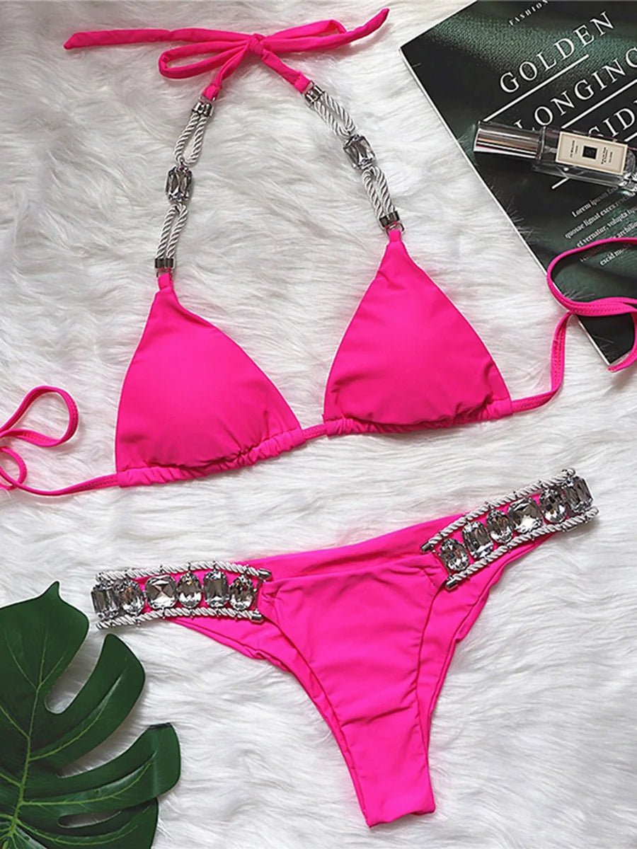 2026 Halter Shiny Crystal Diamond Bikini Women Swimsuit Female Swimwear Rhinestone Bikini Set Rhinestone Brazilian Bathing Suit