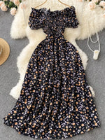 2025 Summer French Vintage Floral Dress Fashion Elegant High-Waisted Drawstring Vestidos Printed Fresh And Sweet Long Dresses