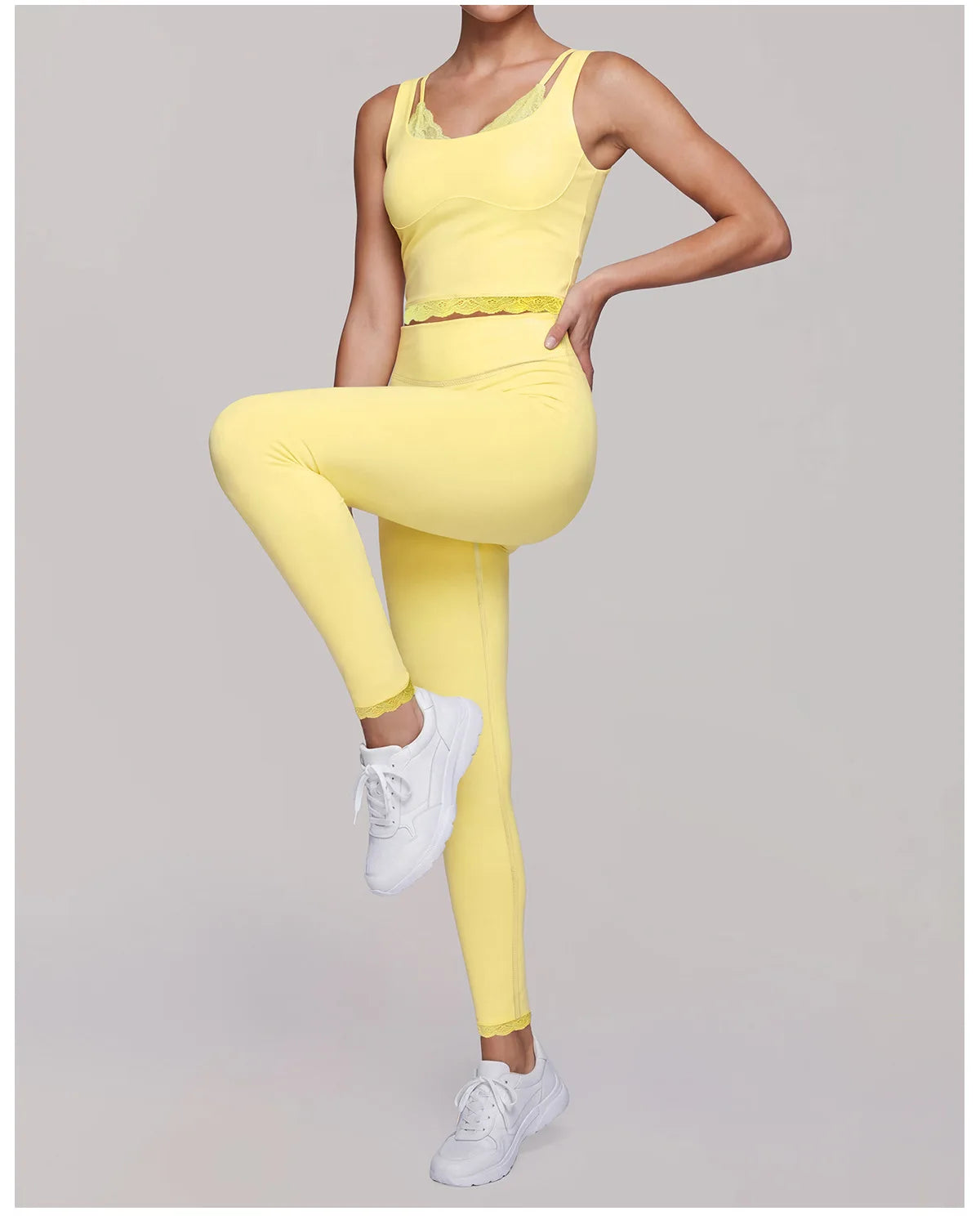 Fake Two Piece Tank Top Yoga Sets Women Lace V Neck Sports Vest Fitness Suit Hip Lifting High Waist Leggings Workout Clothes
