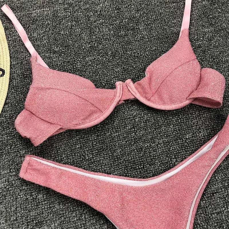 Glitter Sparkling Underwired V-Bar Bikini Women Swimsuit Female Swimwear Two-pieces Bikini Set Micro Thong Bathing Suit Swim