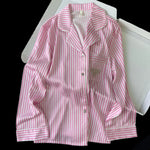 Women Ice Silk Striped Pajama Set Lapel Open Front Long Sleeve Top Long Pants Loose Pink White Light Blue Block Loungewear