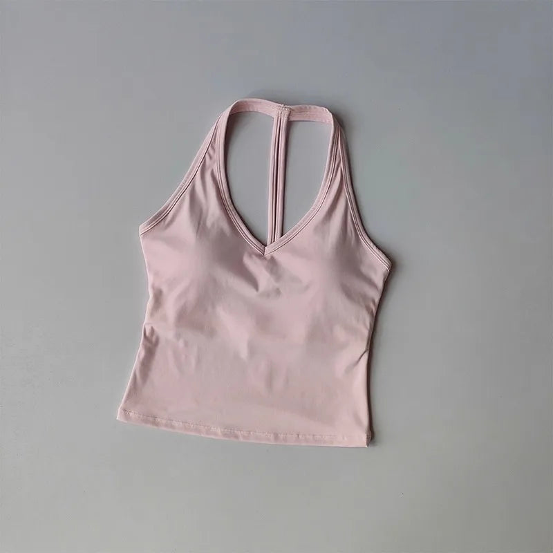 Women's Summer V-Neck Yoga Sports Vest Hanging Back Neck Design Outdoor Running Training Gathered Fit Top for Active Wear