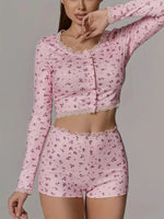 Sexy Womens Floral Print Pajamas Set Summer Long Sleeve Top And Shorts Sleepwear 2 Piece Set For Women Home Casual Skinny Suit