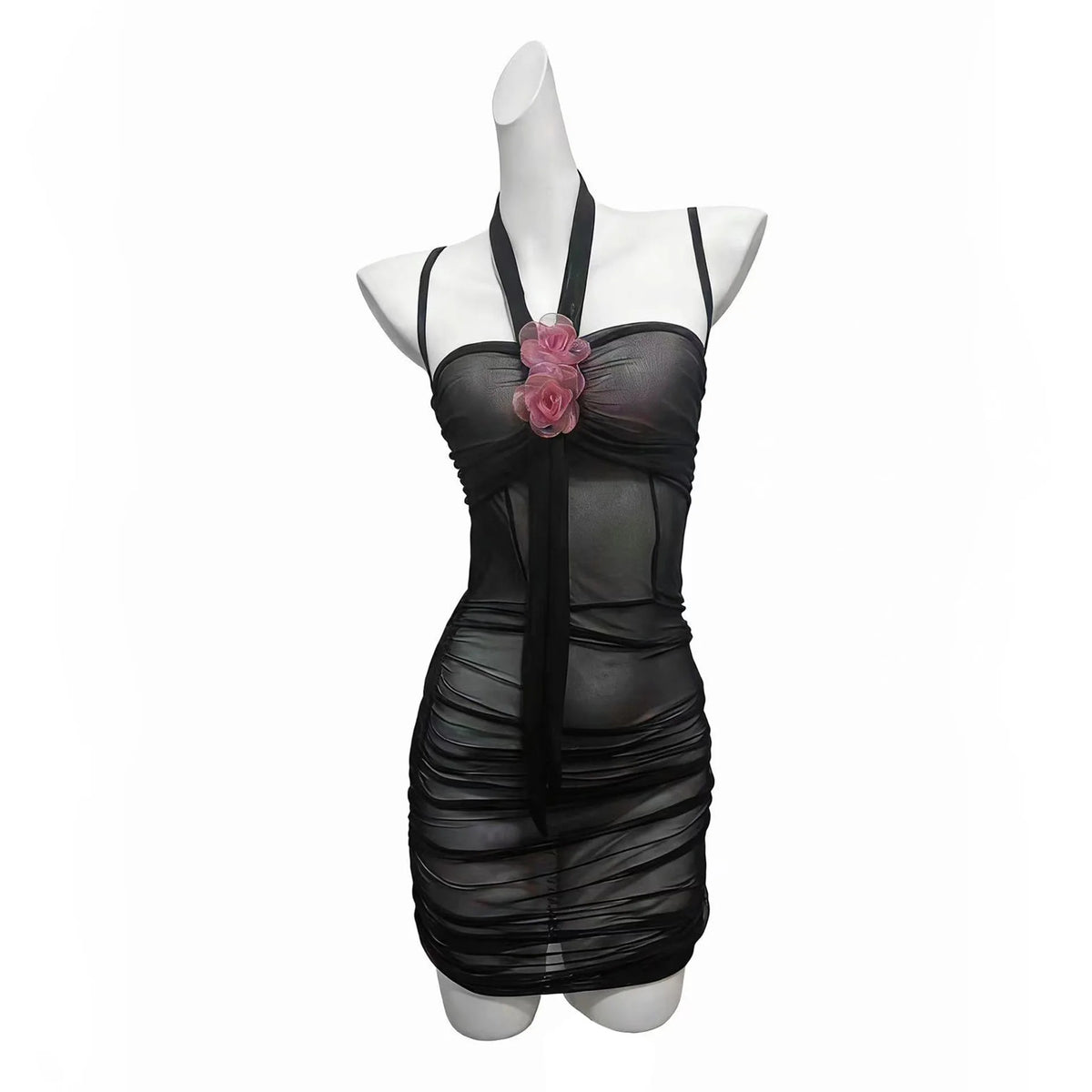 Sexy Transparent Dress Backless Deep V Suspenders Sleeveless Hanging Neck Flower Dress Mesh Pure Desire Casual Style Dress QFZO