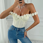 Sexy 3D Flower Lace Bodysuit Women Yellow Ruffles Off Shoulder Sleeveless Underwire Slim Fit Fishbone Sheer Corset Jumpsuit