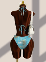 Sexy Blue Brozing Gradient One Piece Swimsuit Holiday Swimwear Women 2026 Metal Chain Hollow Out Backless Bandage Thong Bikini