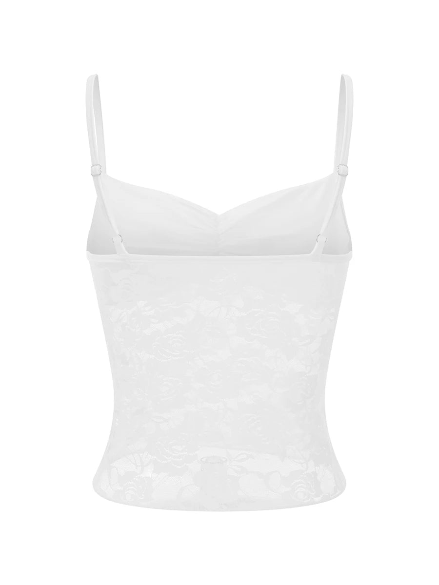 Women's Lace Cami Tops Sleeveless Ruched Front Solid Color Camisole Slim Fit Tank Tops Summer