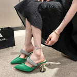 American pointed rhinestone high-heeled slippers women slim heels with toe caps, empty fashion sandals,