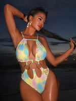 Sexy Hollow Out Backless One Piece Swimsuit 2026 Women Yellow Tie Dye Gradient Metal Circle Bathing Suit Beach Holiday Swimwear