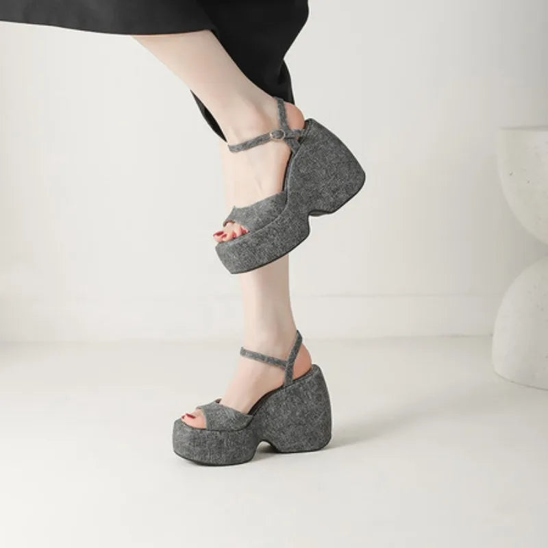 2025 New Summer Women High Heel Shoes Platform Square High Heel Ladies Sandals PU Leather Open Toe Buckle Dress Women Shoes