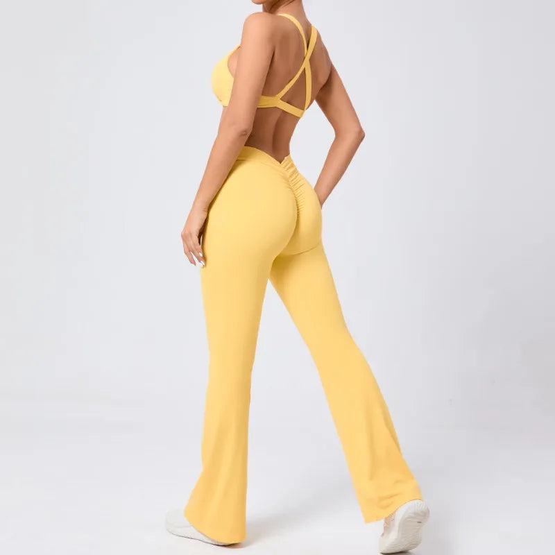 Women's Seamless Yoga Sets Brushed Fabric Flared Hip-Lifting Pants Cross Beauty Back Bra Suits Gym Workout Fitness Training Sets