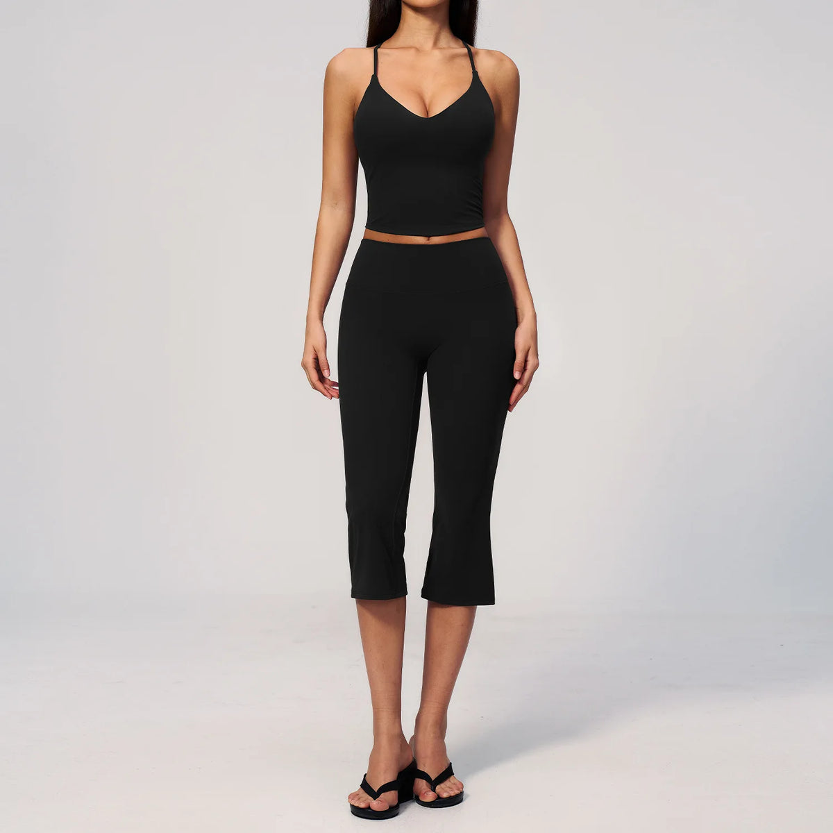 Summer New Yoga Clothing Women Solid V Neck Slim Sports Tank Top Athletic Wear High Waist Butt Lift Mid Pants Gym Fitness Suits