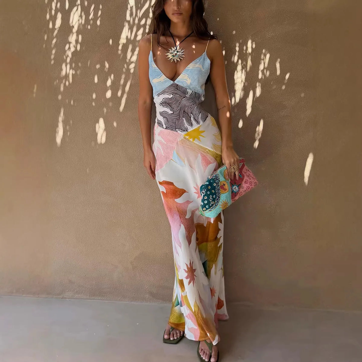 Summer New Print Spaghetti Strap Dress Women Summer New Fashion Sexy Deep V-neck Slim Dresses Vacation Style Bodycon Vestidos