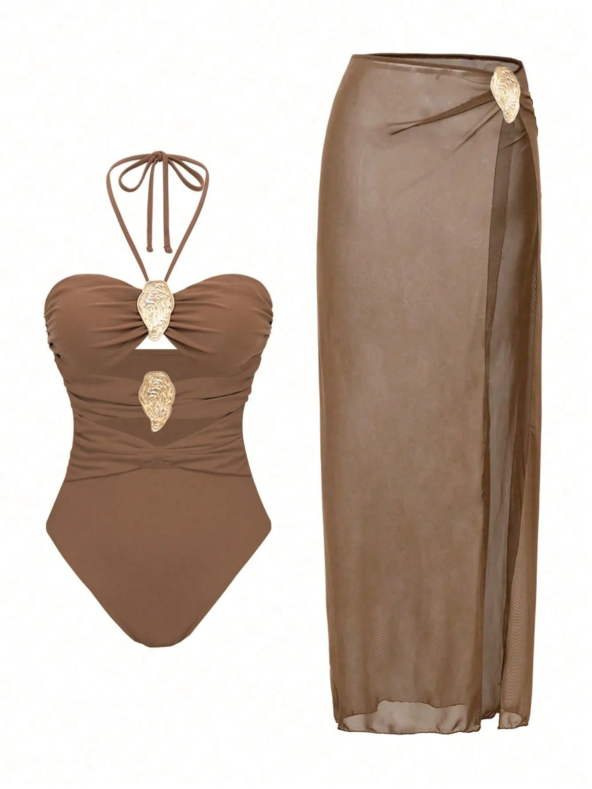 Vintage Brown Patachwork One Piece Swimsuit 2026 Women Sexy Hollow Out Backless Mesh Skirt Swimwear Set Summer Bathing Suits