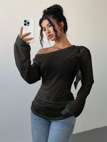 Women's Casual Solid Color Slope Collar Long Sleeved T-Shirt Loose Slouchy Style See-Through Off The Shoulder Top
