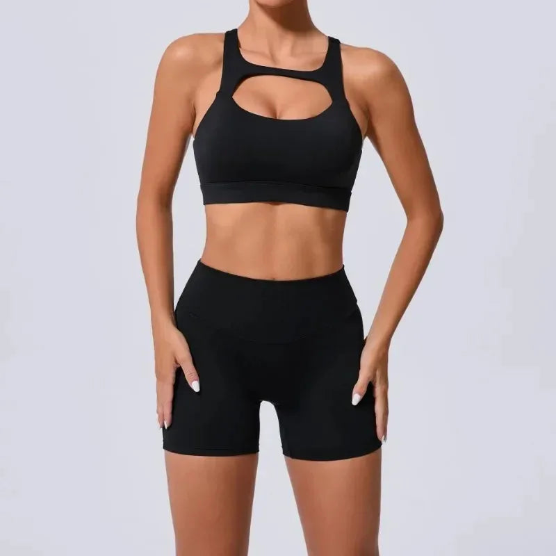 Seamless Yoga Sets Sports Fitness Peach Hip-lifting Pocket Shorts Cross Beauty Back Vest Suits Workout Gym Shorts Sets for Women