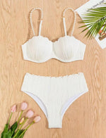 Sexy White Black Bikini Set 2025 Women Pearls Strap Ruffles Push Up High Waist Swimsuit Beach Bathing Suit Two Piece Swimwear