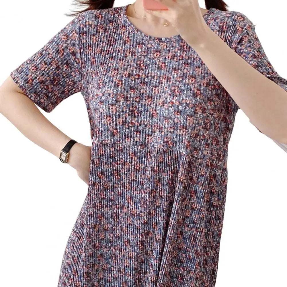 Summer Women Dress Small Flower Print Crew Neck Loose Short Sleeves Pleated Dating Shopping Midi Dress Mid-calf Length Pullover