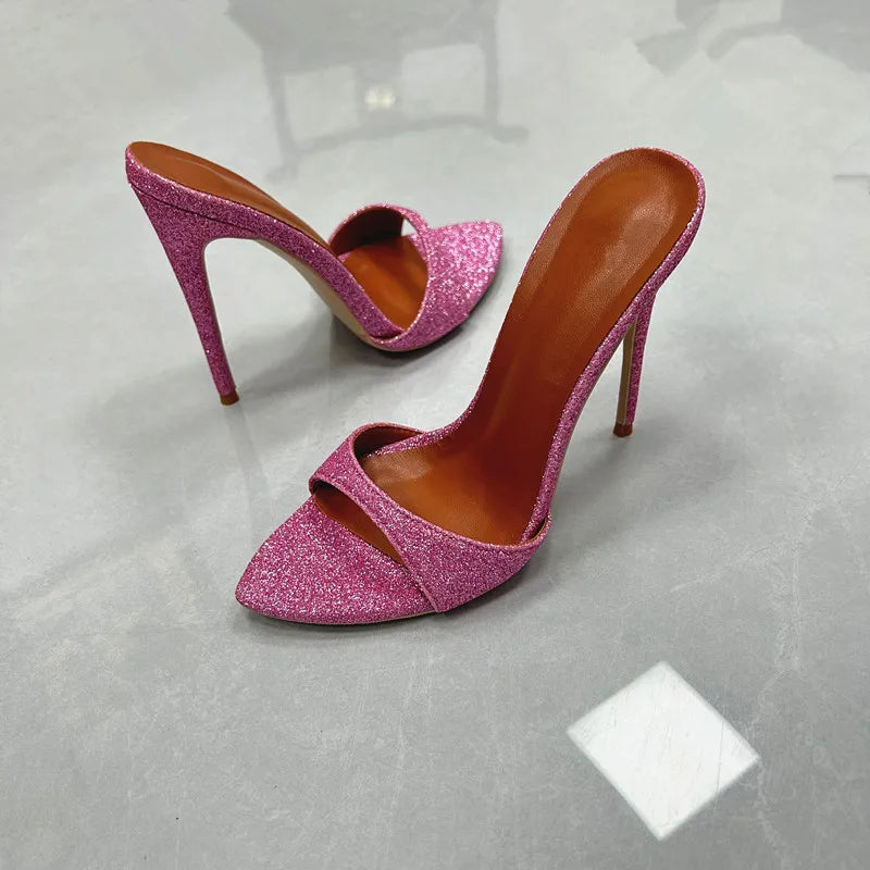 Open Pointy Glitter Mules With High Heels Women Holiday Summer Crocodile Leather Shoes Lady Multicolor Party Casual Slippers