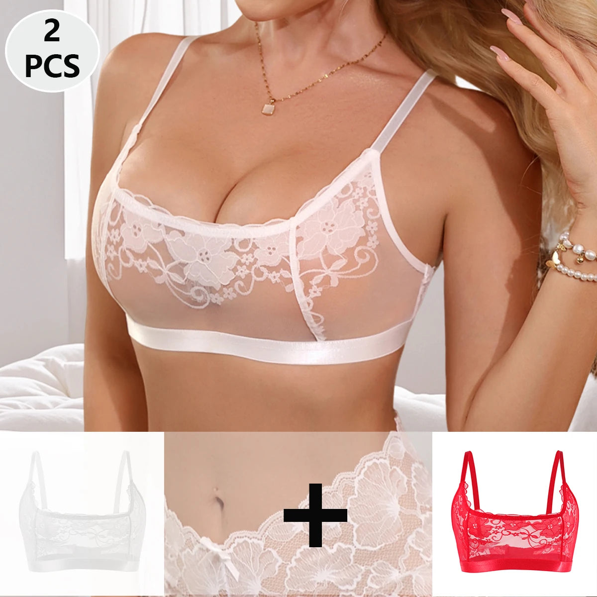 2pcs Sheer Lace Elegant Sexy Lingerie Bras Soft Lady Brassiere 3/4 Cup No Pad Floral French Style Wire-Free Female Underwear