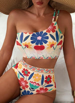 Women Sexy High Waist Split Swimsuit Lace Up Floral Bikini Set Summer Two-piece Beachwear Bathing Suit Thong Biquinis