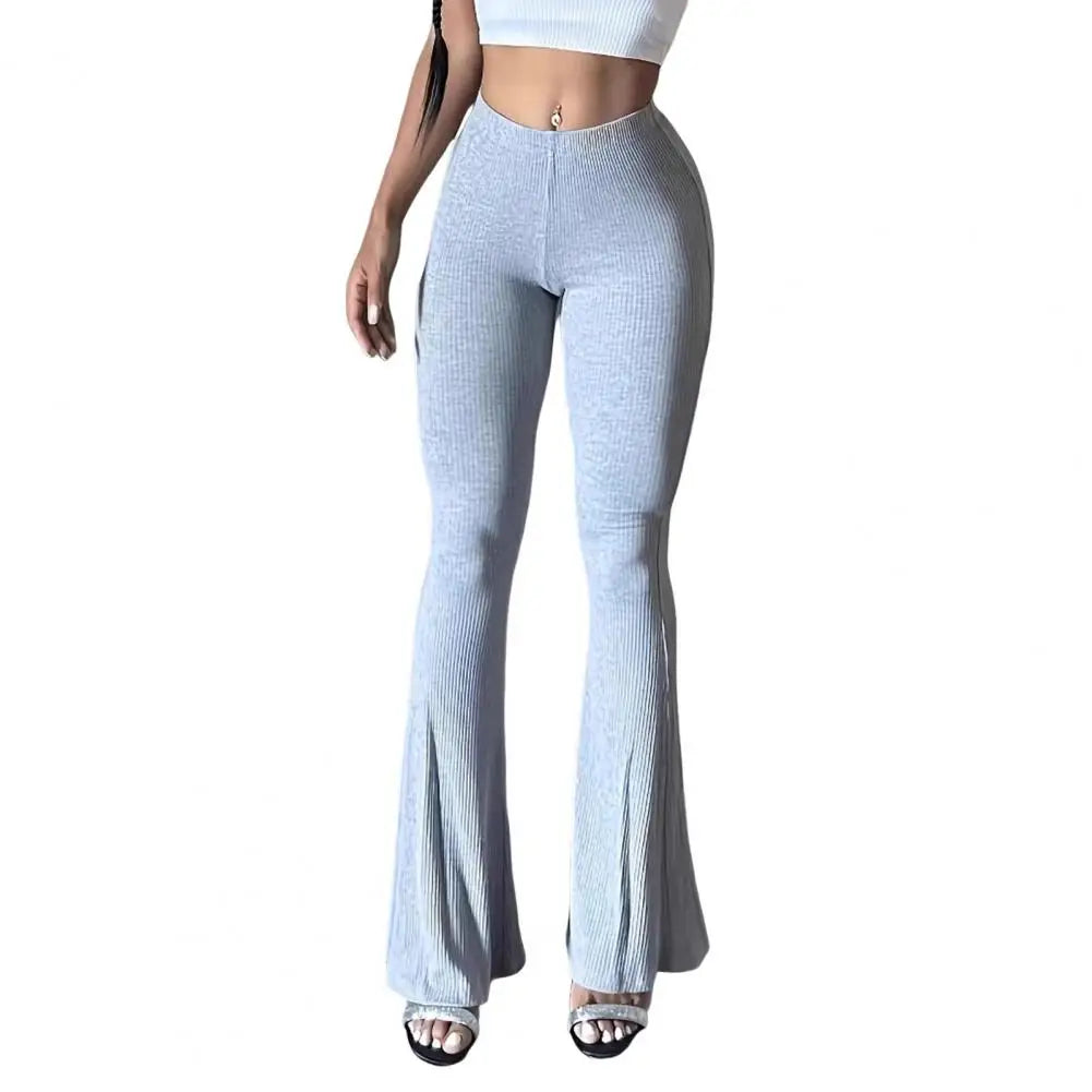 Women Flared Pants Yoga Running Cycling Trousers Elastic High Waist Solid Color Long Pants Ribbed Texture