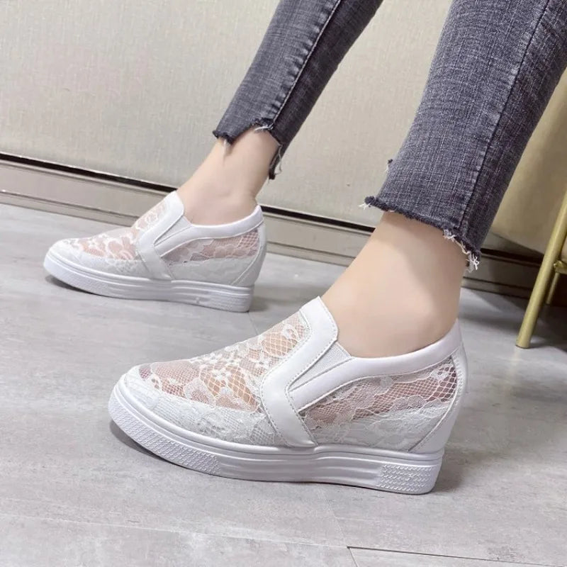 Slip On Height Increasing Mesh Shoes Women 2026 Summer Breathable Hollowed Wedge Heel White Sneakers