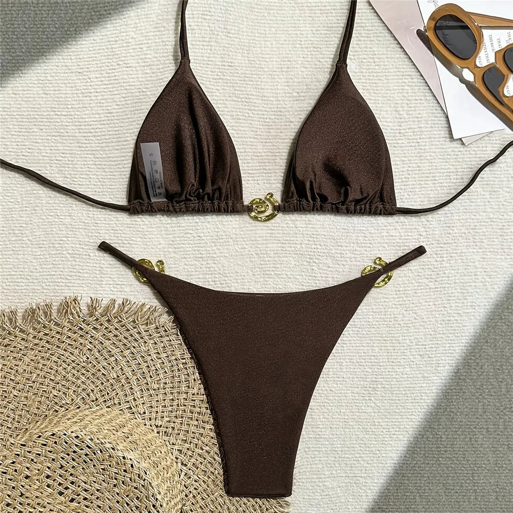 Dark Brown String Halter Micro Thong Bikinis Sets Sexy Swimsuit Women 2026 Metal Ring Holiday Swimwear Beach Wear Bikini Mujer