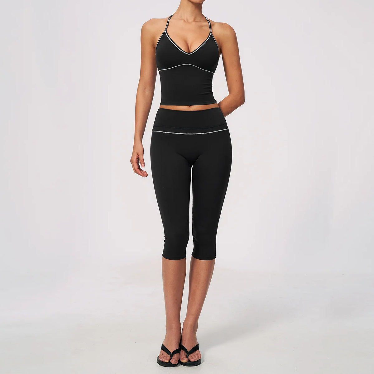 Summer Color Blocking Yoga Suit Women Tracksuit Hanging Neck V Neck Slim Sports Vest Tight Hip Lifting Capri Pants Fitness Sets