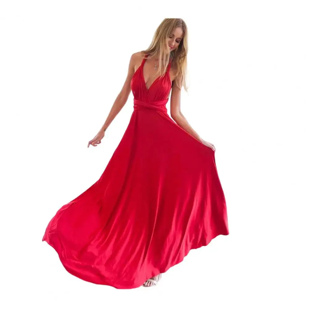 Women Dress Halter Sleeveless Backless Multiple Strap Design Party Dress Wedding Banquet Festival Long Dress