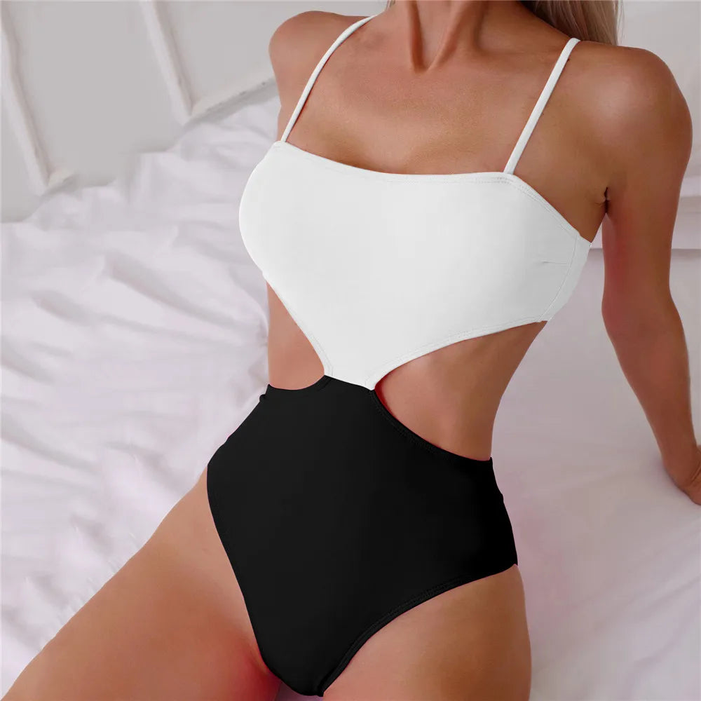 Black White Patchwork Sexy Swimsuit Women One Piece Swimwear 2026 Side Waist Hollow Out Monokini High Cut Bathing Swimming Suit