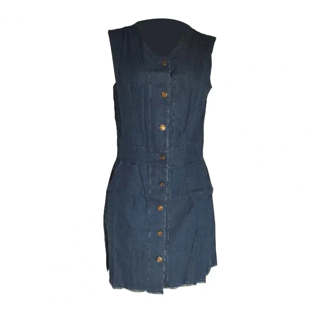 Women's Sleeveless Bodycon Denim Dress Casual V-Neck Button Down Mini Jean Dress Summer Overalls Dress with Pockets