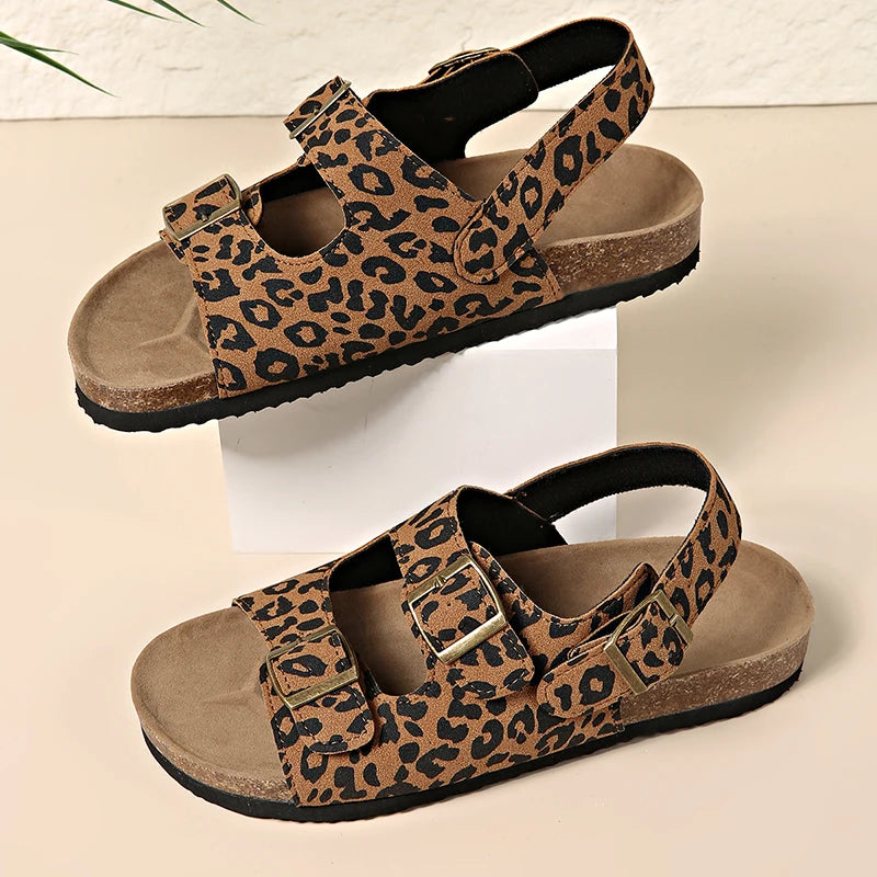 Fashion Bukcle Leopard Print Sandals Women 2025 Summer Back Strap Platform Sandles Woman Comfortable Plus Size Beach Sandalias