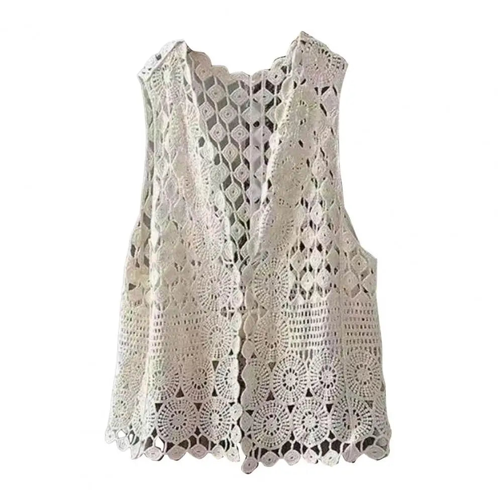 Women Summer Vest Hollow Out Retro Knitted Crochet Sleeveless Loose Open Stitch Thin Cardigan Daily Outwear Coat Top