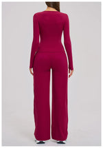 Yoga Set 2 Pieces Women Fitness Sportswear Gym Loose wide-leg pants Long-sleeved T-shirt Sports Crop Tops Tracksuit Workout Wear